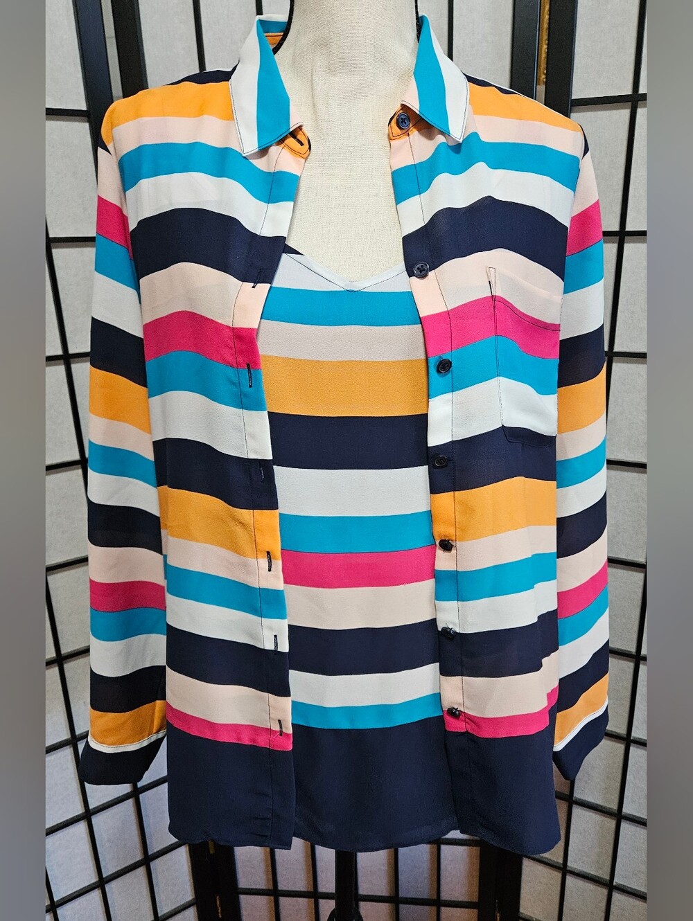 Chico's Size 1 (Med) Bold Stripes Convertible Twin Set Blouse & Tank